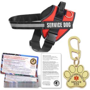 Service Dog Vest, ID Tag + 50 ADA Information Cards, Service Dog Harness in Sizes X Small to XX Large, Ruggedized Metal Tag, 2-Sided Service Animal Information Cards, ESA Accessory Set Large (LARGE (Chest: 25 - 33 Inch), Red)