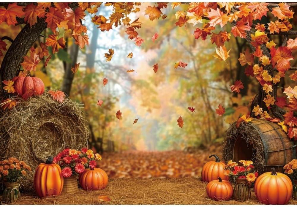 DASHAN 7x5ft Fall Photo Backdrop Maple Leaves and Pumpkin Photography Backdrop Falling Leaves Backdrop Autumn Scenery Photo Background Decorations Photo Props Fall Autumn Tapestry (Orange 06612)