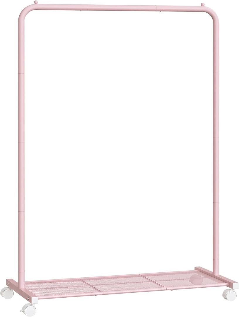 SONGMICS Clothes Rack with Wheels, Clothing Rack for Hanging Clothes, 25.4mm Metal Garment Rack with Dense Mesh Storage Shelf, 110 lb Load Capacity, 2 Brakes, Pink UHSR025P01