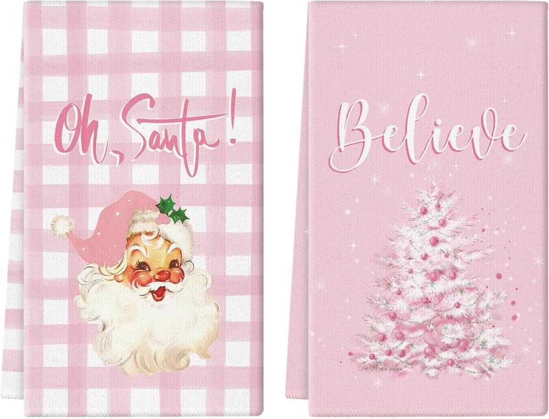Christmas Kitchen Towels Pink Buffalo Plaid Santa Tree 18x26 Inch Set of 2 Dish Towels Hand Towels Kitchen Bathroom Seasonal Home Decoration