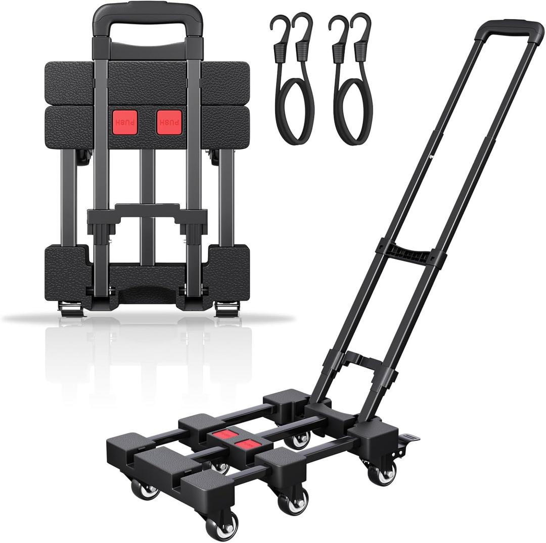 Folding Hand Truck, 500 LB Portable Dolly Cart Heavy Duty Luggage Cart with 6 Wheels & 2 Ropes for Travel, Moving, Shopping