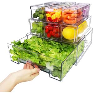 YINGRACE 10 Pack Fridge Organizer Bins, Stackable Refrigerator Organizers and Storage, With a Pull-out Large Drawer, BPA-Free Clear Containers For Fruit, Vegetable, Drinks