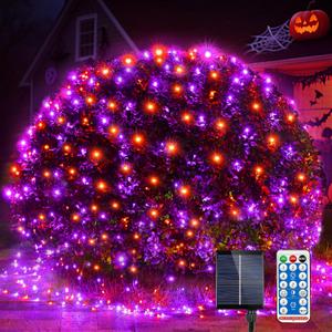 WBao Solar Halloween Lights 360LED 11.5ft x 6.9ft Orange Purple Halloween Net Lights with Remote, 8 Modes, Timer, IP65 Waterproof & Dark Green Wire for Lawn, Bushes, Trees, Shrubs Outdoor Decorations