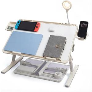 Foldable and Adjustable Laptop Bed Table with Hidden Drawer, Cup Holder, USB Voice-Controlled Night Light, White 23.6"x15.7", Suitable for Working, Gaming, and Other Uses on Bed and Sofa