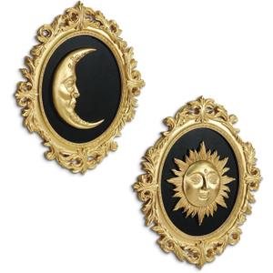 Putuo Decor Baroque Sun Moon Wall Decor Set, 2-Piece 3D Ovals Gold Resin Relief on Black Backing, Vintage Celestial Accent Wall Hanging Art for Living Room Bedroom Entryway Gallery