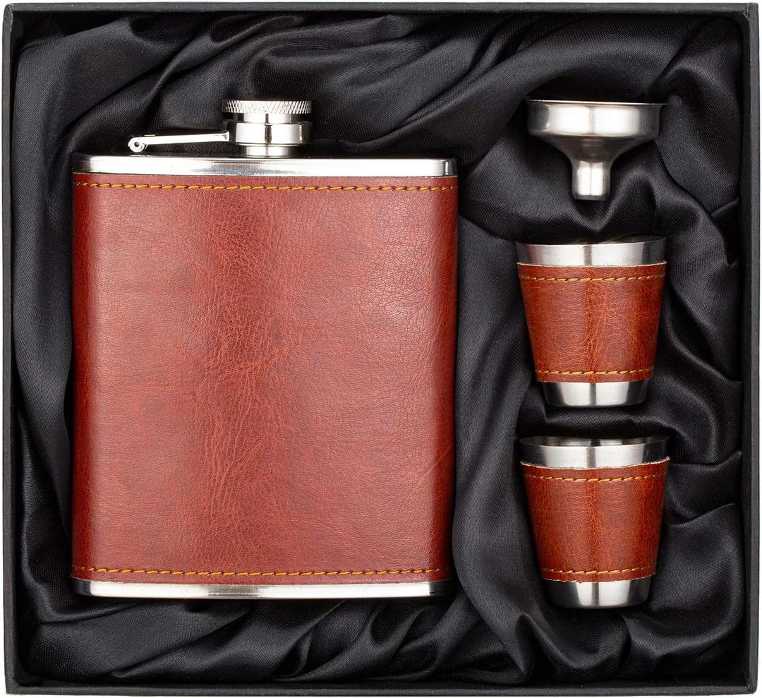 7 Oz Stainless Steel Hip Flask Gift Set Brown Leather with 2 Cups and Funnel 100% Leak Proof for Alcohol, Whiskey, Rum and Vodka Pocket Mini Drinking Flasks