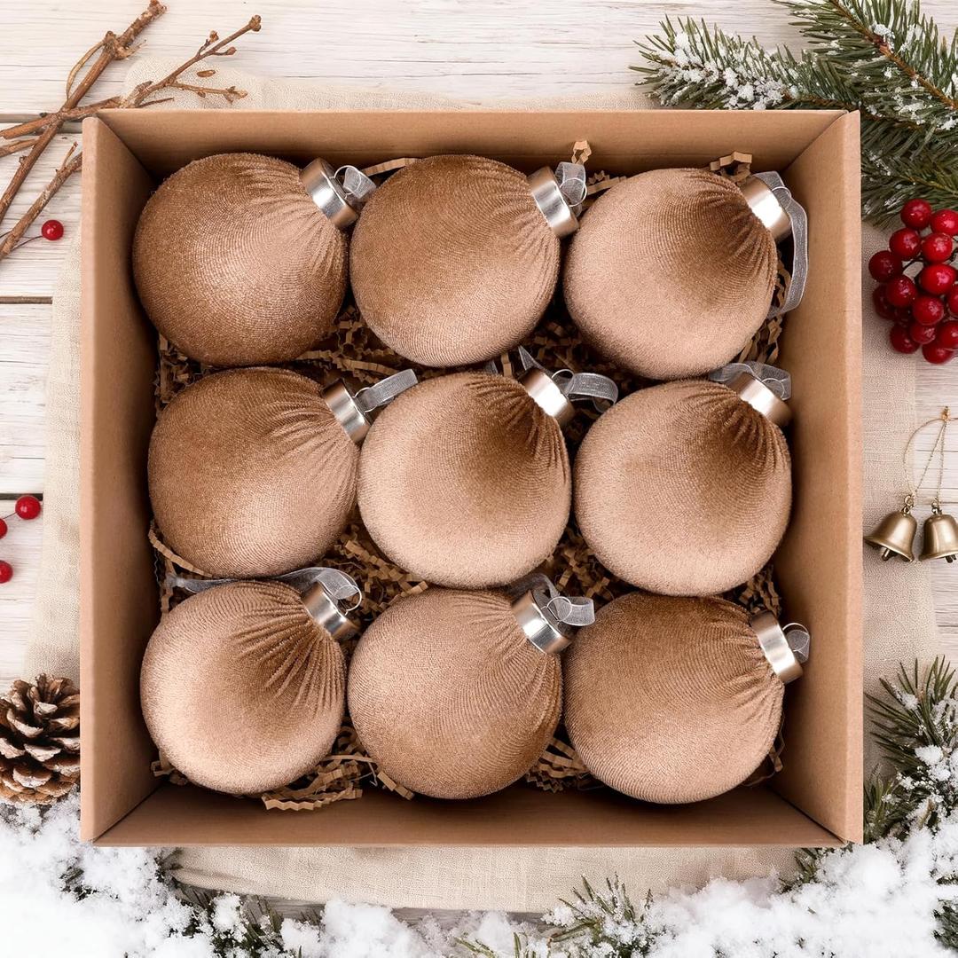 9 Pcs Christmas Tree Ornaments Set, 80mm/3.15in Large Velvet Christmas Balls for Xmas Tree Decorations Shatterproof Hanging Flocked Balls Ornaments Brown
