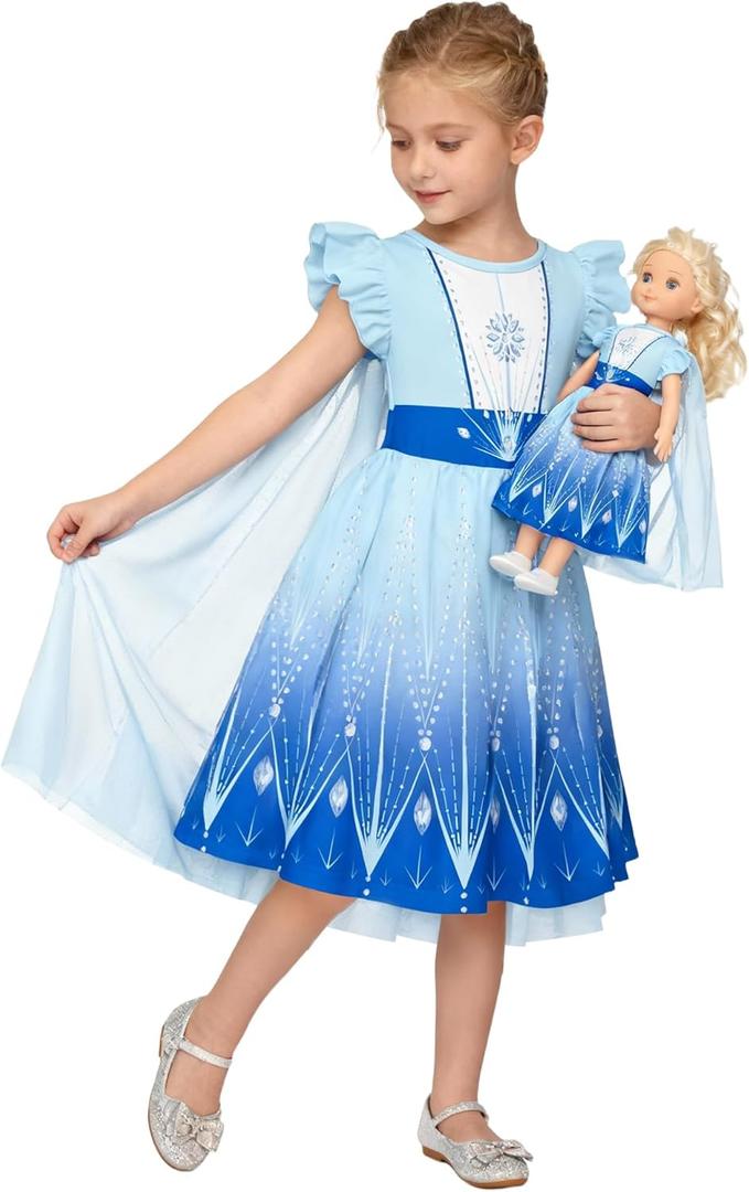 LQSZ Doll and Girl Matching Princess Dress Outfits for Girls and 18" Matching Doll and Girl Clothes ((11-12)Years, Blue-snow Princess-b)