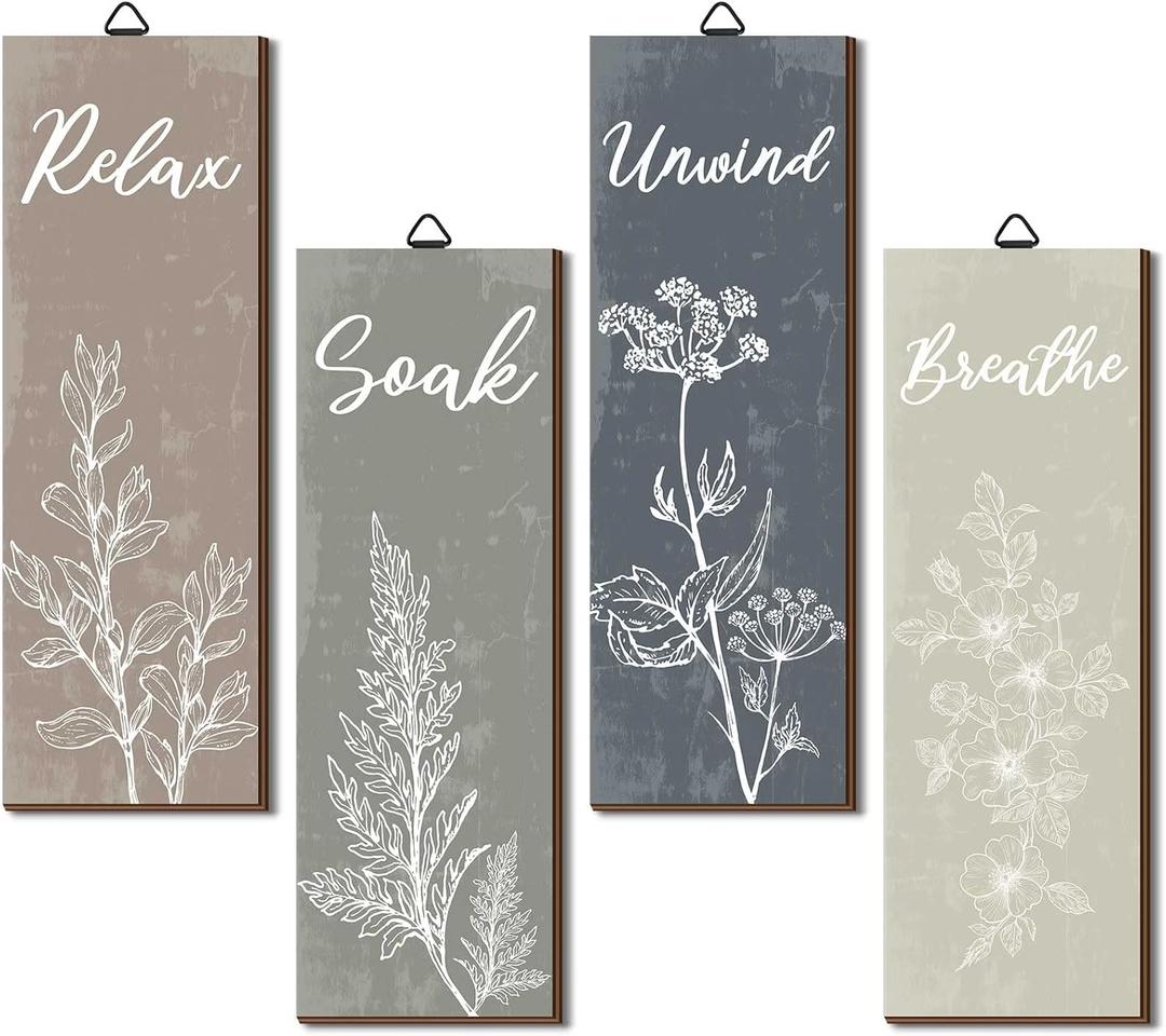 Ripeng 4 Pcs Boho Bathroom Decor Botanical Wall Art Relax Soak Unwind Breathe Sign Rustic Vintage Farmhouse Minimalist Wooden Signs for Home Restroom Decorations 11.8 x 4 Inch