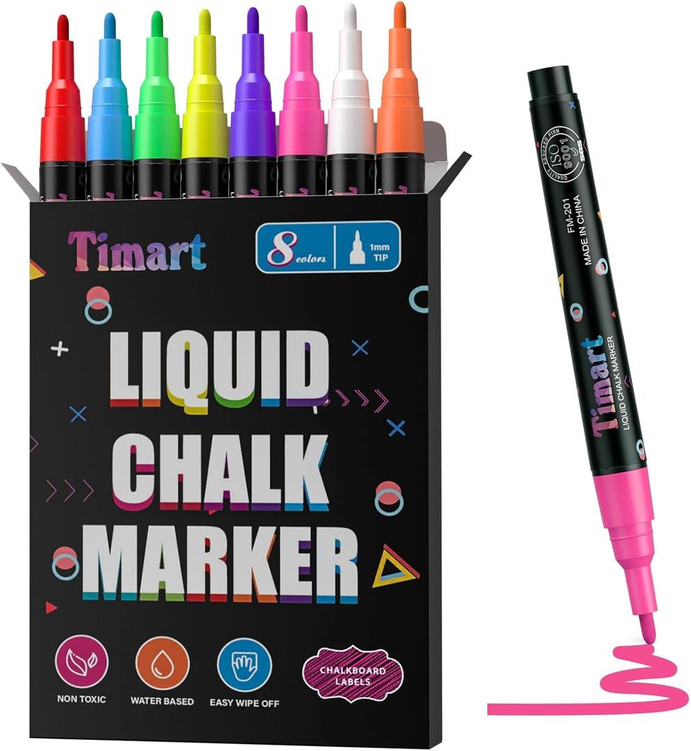 Timart Extra Fine Tip Chalk Markers (8 Pack 1mm Point), Liquid Chalk Pens - Dry Erase Marker Pens for Blackboard, Chalkboards, Windows, Glass, Bistro, Cars, Signs, Chalkboard Labels Included