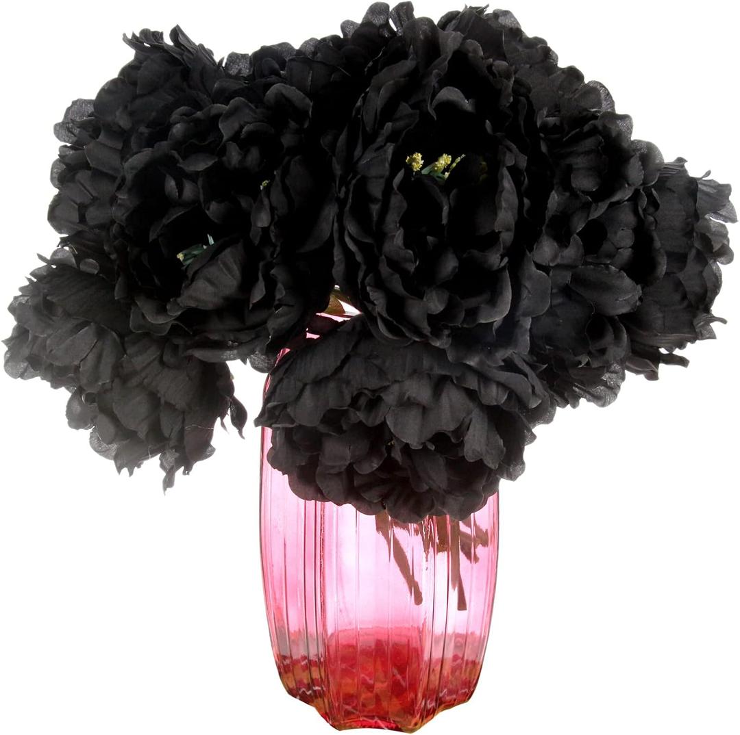 Tinsow Artificial Peony Flowers Black Silk Flowers Peony Bouqeut for Halloween Home Decorations Gothic Wedding (Black, 10)
