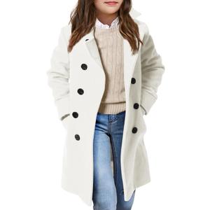 Girls Coat Double Breasted Notched Collar Wool Blend Long Trench Coat Winter Warm Peacoat Dress Coat with Pockets (9-10 Years, White)