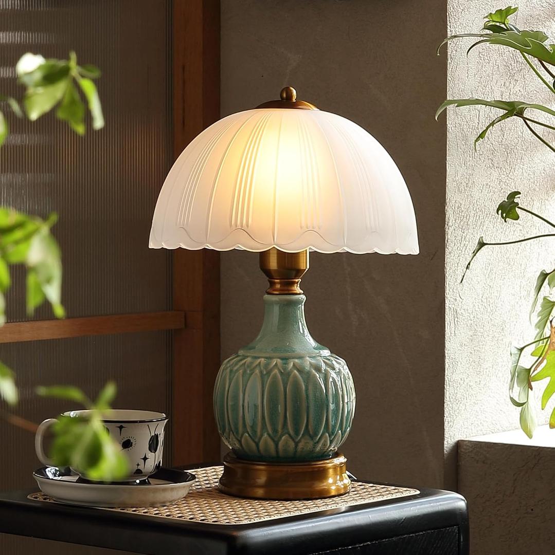 Vintage Table Lamp for Living Room,16" Mid Century Modern Ceramic Lamps for Bedroom,Retro Bedside Nightstand Mushroom Glass Lamps, Classic Chinoiserie Green Lamp for Home Decor (LD002)