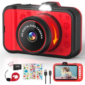 Kids Camera, Toddler Digital Camera with Rotating Zoom Lens, 3.5 Large Screen, 1080P Toy Camera for Kids with Flash, 32GB Card, Birthday Gifts for Boys Girls 3 4 5 6 7 8 9 10 11 12 Year Old (Red)