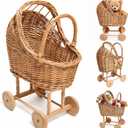 Vintage Wicker Baby Carriage Decor，Woven Rattan Stroller Flower Basket Cart for Wedding Centerpieces, Baby Shower Party Supplies & Nursery Floral Arrangement Props Floral Rustic Home Decor
