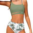 Queenstyle Girls Swimsuits Bikini Set Kids Cutout Bathing Suit Bikini Top Two Piece Girls' Swimwear (11-12 Years, Green)