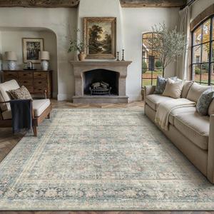 8x10 Area Rug Blue Washable Vintage Netural Living Room Carpet