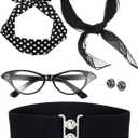 Zhanmai 1950's Costume Accessories for Women 50s Scarf Polka Dot Headband Earring Cat Eye Glasses Waistband (Black)