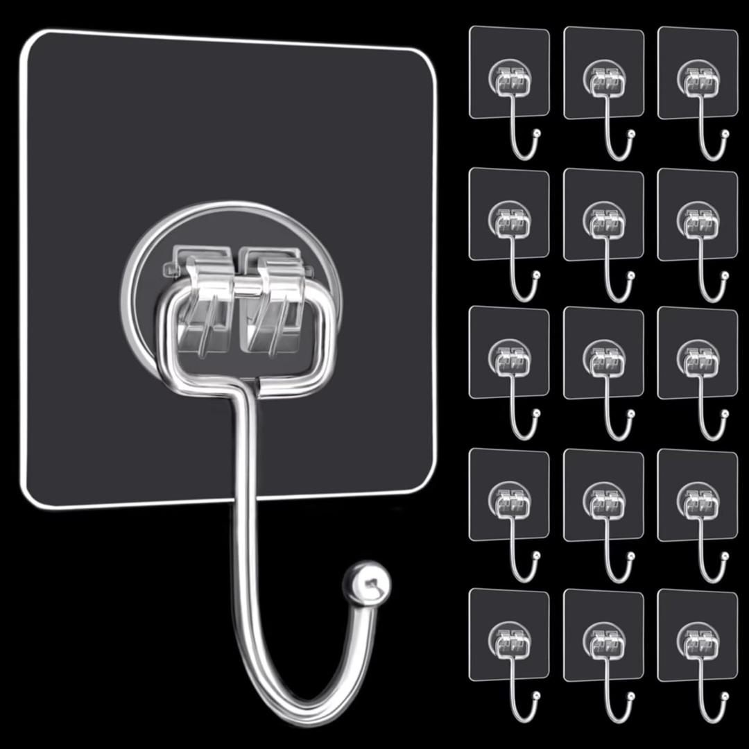 DKHDBD Large Adhesive Hooks, 16-Pack Hold 33lb(Max) Heavy Duty Sticky Hooks, Waterproof Transparent Hooks for Hanging, Self-Adhesive Traceless Clear Wall Hooks to Use for Keys Robe & Towel