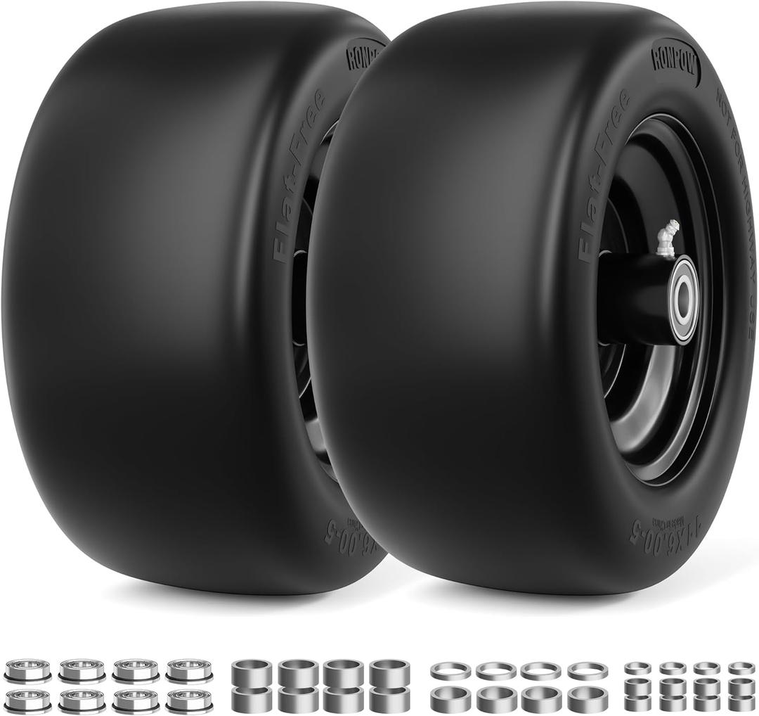 RONPOW 11x6.00-5 Flat Free Lawn Mower Tire and Wheel, 11x6x5 Solid Front Tires for Zero Turn Mower, 400Lbs Load, 3/4", 5/8" and 1/2" Bearings, 5.31"-7.71" Hub for Residential Commercial, 2Pack Black