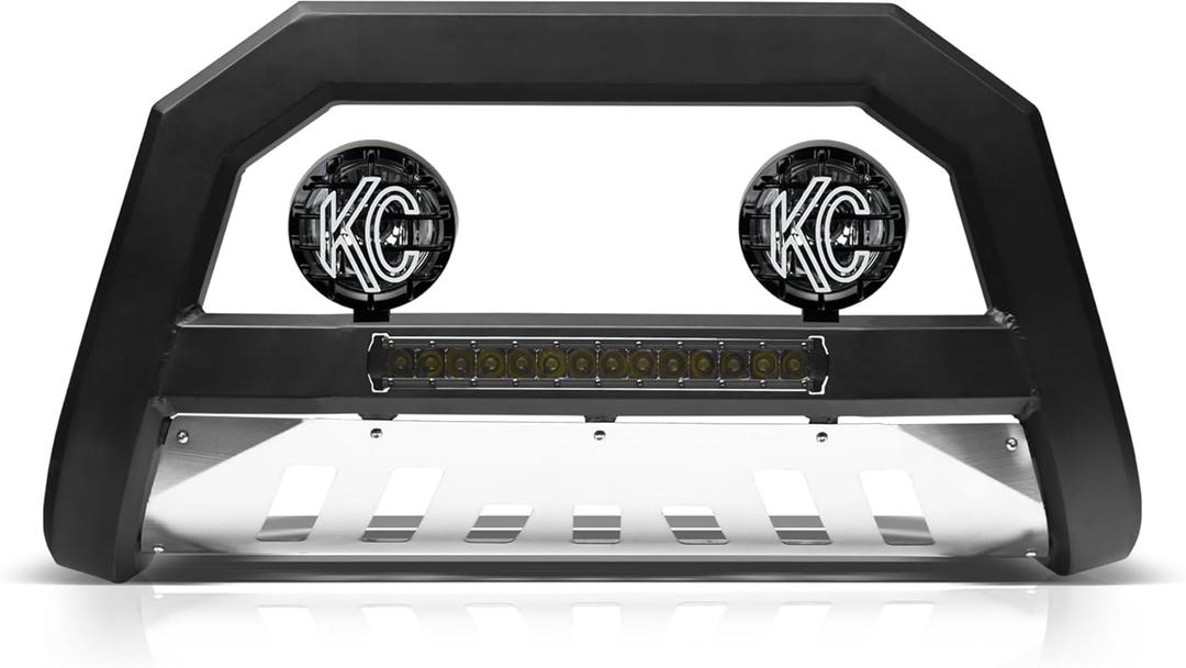 Armordillo AR Aluminum LED Bull Bar+2X KC Hilites 6" Round Fog Lights Fits 2009-2018 Dodge Ram 1500/2019-2023 Classic 8732168 Matte Black Chrome Skid Bumper Guard LED Light Bar| Apollo Pro Lights
