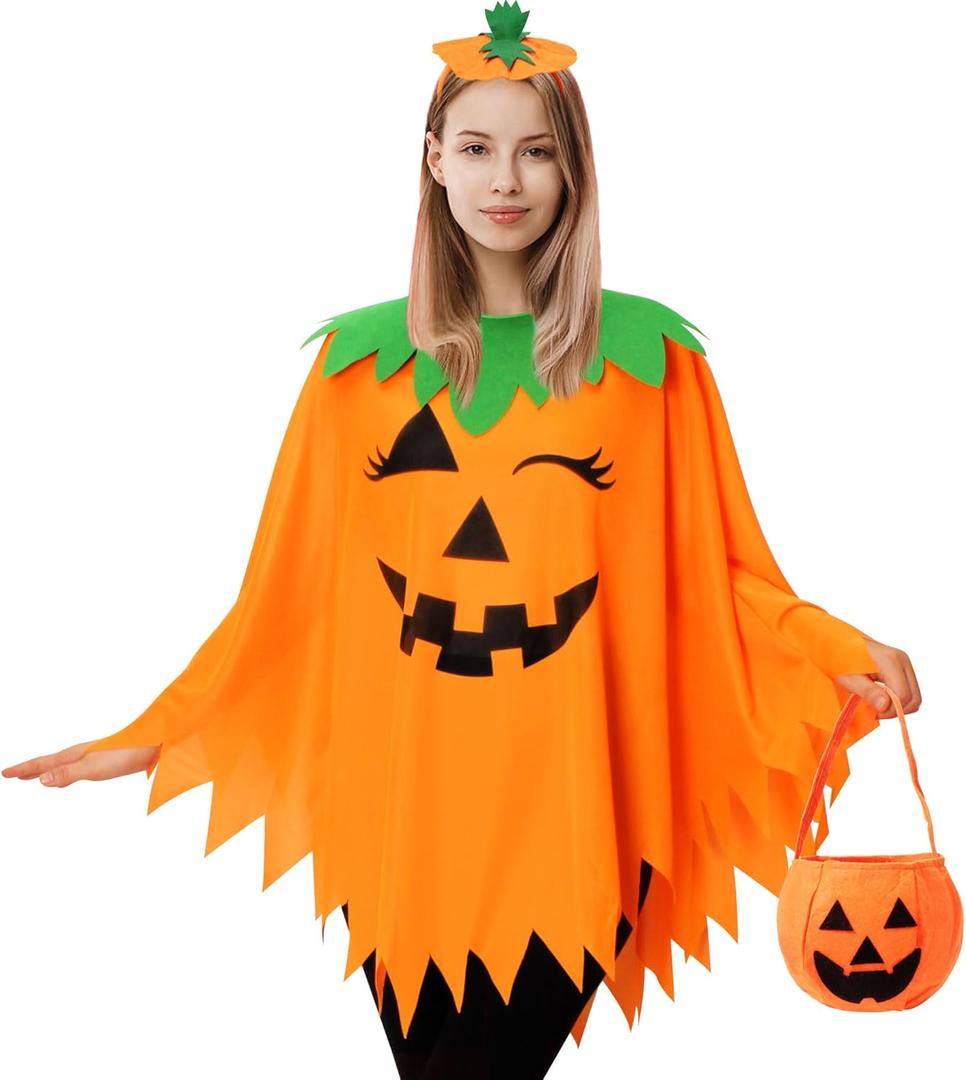 KOFECIT 3 PCS Halloween Pumpkin Poncho for Women,Pumpkin Cape Costume with Headband and Candy Bag,Halloween Costume for Women Adults