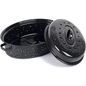 14.6 Inch Roasting Pan with Lid - Covered Oval Roaster - Enamel Carbon Steel Roaster Pot - Excellent Heat Distribution and Non-sticky - for Turkey Chicken Meat & Vegetables -Birthday and Holiday gift