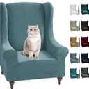 MAXIJIN Stretch Velvet Wingback Chair Slipcover 1-Piece Soft Stylish Plush Slipcovers for Wingback Chairs Thick Rich Velvet Wing Chair Cover with Elastic Bottom (Wing Chair, Dusty Blue)