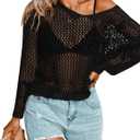 AI'MAGE Womens Crochet Tops Long Sleeve Hollow Out Swim Cover Up 2025 Beach Bikini Swimsuit Summer Tunic Top (XX-Large, Black)