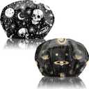 2PCS Satin Hair Bonnet Silk Bonnet for Sleeping Adjustable Double Layer Elastic Reusable Hair Caps Cute Women Girls (Ab15-black)