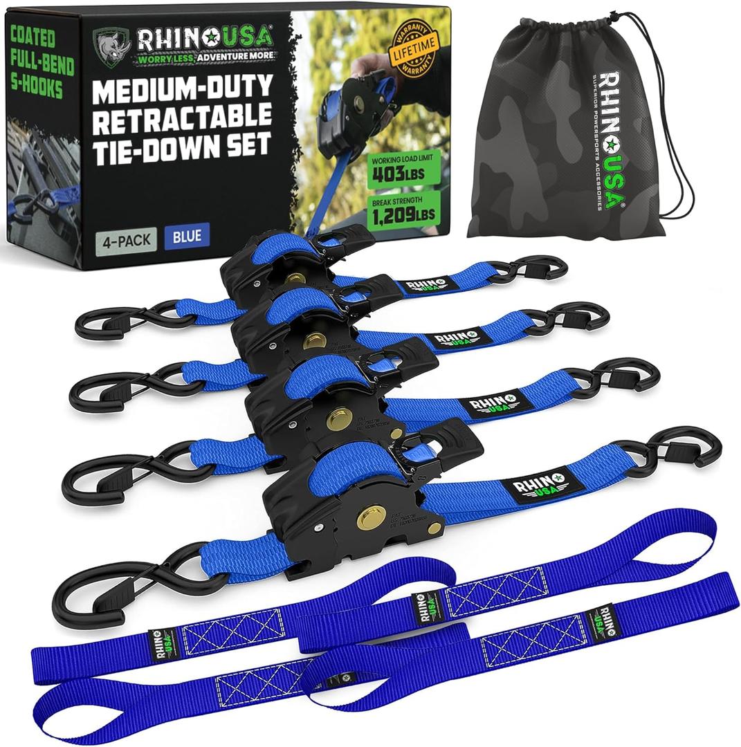 Rhino USA Retractable Ratchet Straps (4-Pack) - 1 Inch x 10 Feet (1,209lb Break Strength) - Auto Self Retracting Tie Down Straps for Truck, Cargo Trailer, Motorcycle, ATV, UTV - Blue
