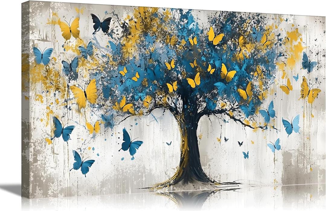 KYSNGMT Abstract Blue Yellow Tree Canvas Wall Art Butterfly Painting | Gallery Wrapped Modern Nature Artwork Decor for Living Room Bedroom Office Home Wall Decoration Ready to Hang 20inx40in