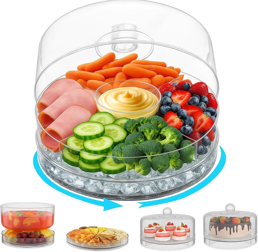 4-in-1 Small Mini Premium Rotating Chilled Serving Tray, 9.05" Ice-Cooled Party Platter with 4 Compartments  Perfect for Fruit, Cake, Desserts, and Shrimp Cocktails  Keeps Food Fresh & Cool