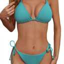 Women's Two Piece Bikini Swimsuit Sexy Ribbed Triangle Top Bathing Suits String Cheeky Bikini Sets (Medium, Lake Blue)