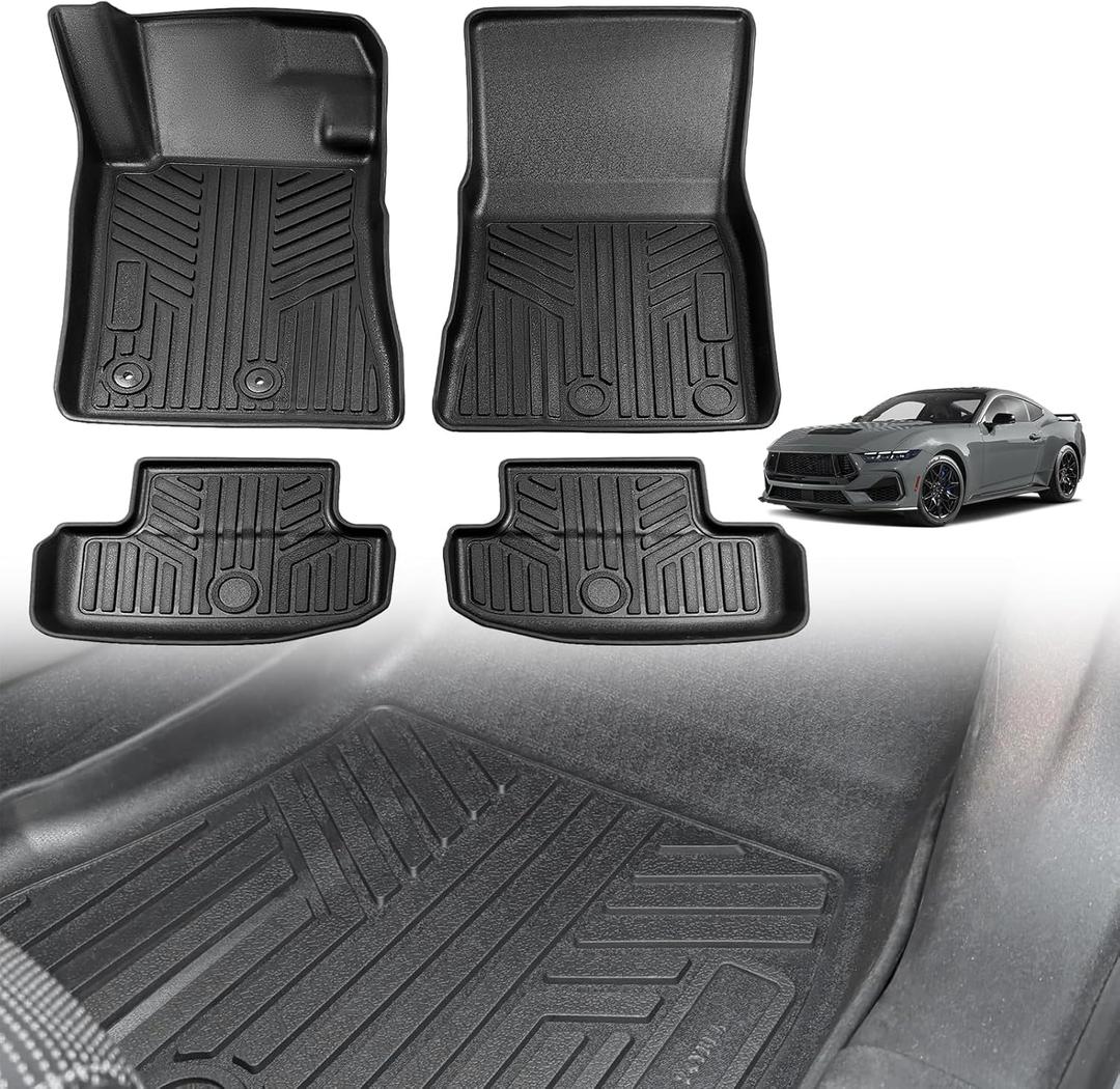 TripleAliners 3PCS Floor Mats Fit for 2026 2025 2024 Ford Mustang Front Rear Full Set Full Protection 1st & 2nd Row All Weather TPE Anti-Slip Custom Fit Floor 1st & 2nd Row 3-PC Liners