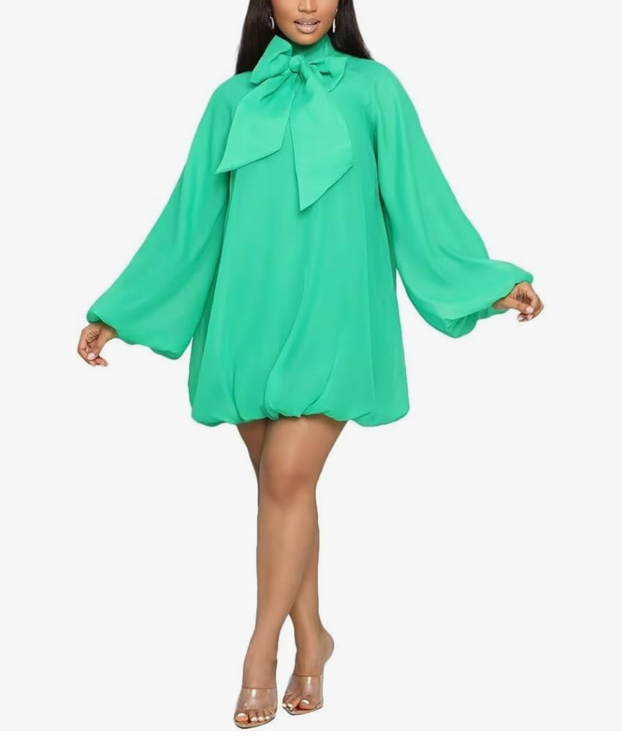 Yanfoam Women's Puff Long Sleeve Sweetheart Round Neck Dress Flowy Loose Chiffon for Cocktail Party Mini Dress,M