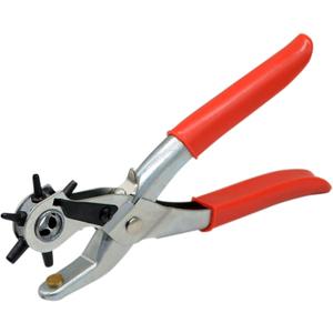 Leather Hole Punch Tool Set Heavy Duty 6 Size Revolving Leather Belt Hand Hole Puncher for Belts, Watch Bands, Straps, Dog Collars, Saddles, Shoes, Fabric, DIY Home or Craft Projects (9'', Silver/Red)