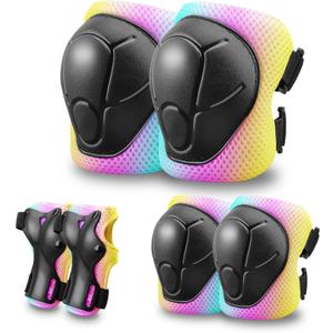 Kids Protective Gear Set Knee Pads for Kids 3-14 Years Toddler Knee and Elbow Pads with Wrist Guards 3 in 1 for Skating Cycling Bike,Biking, Roller Skates, Scooters (Pink Blue Yellow)