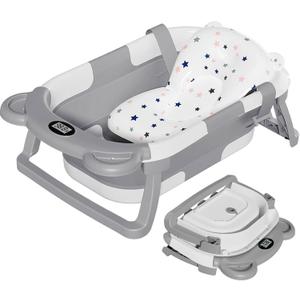 TPN Collapsible Baby Bathtub, Baby Bath Tub with Soft Cushion & Real-Time Thermometer, Baby Bathtub Infant to Toddler Tub (0-36 Months), Portable Newborn Travel Bath tub (Grey)