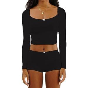 RUEWEY Womens Ribbed Knit Pajama Sets Long Sleeve Top and Shorts Matching Lounge Set PJ Set 2 Piece Outfits, Medium, A-Black
