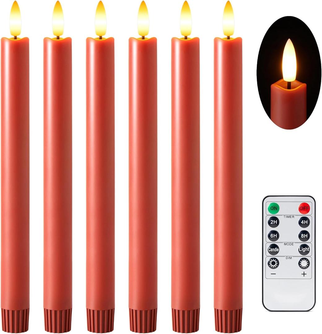 Terra Cotta Flameless Taper Candles with Remote and Timer, 6 Pack LED Candlesticks, 10 Inch Fall Taper Candles Battery Operated with 3D Flickering Flame, Thanksgiving Candle for Table