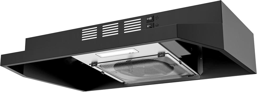 FIREGAS Black Range Hood 24 inch, 300CFM Ducted/Ductless Convertible Under Cabinet Kitchen Hood in Black Painted Stainless Steel with 2 watt LED Light and Filter, 2 fan speeds