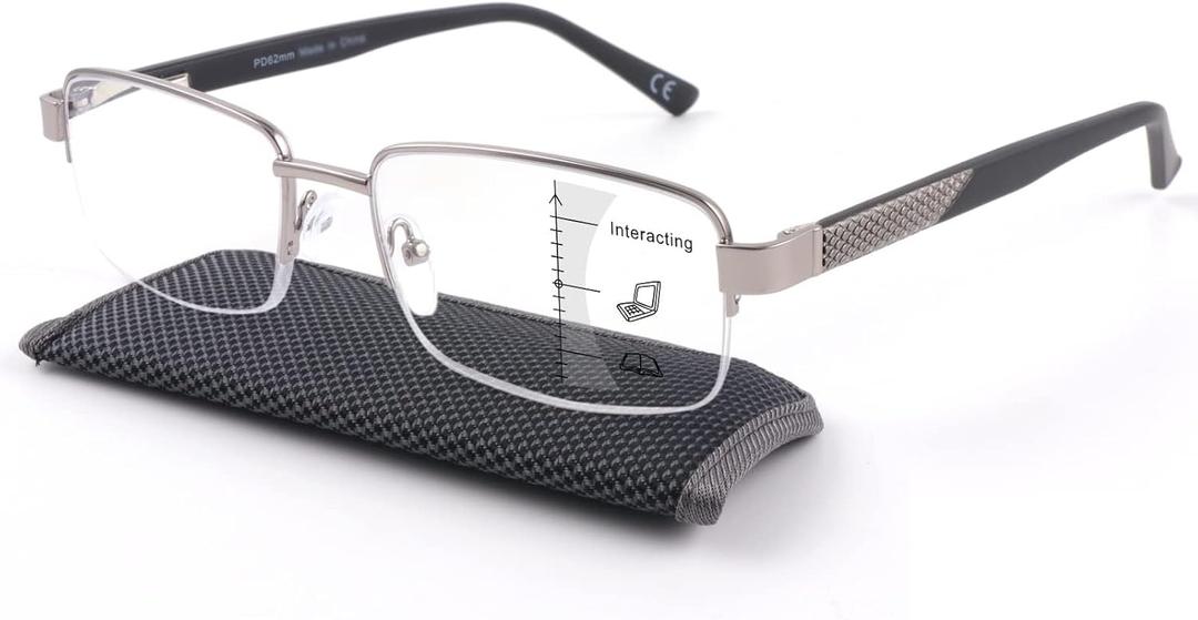 Missfive Men Premium Multifocus Reading Glasses Blue Light Blocking, Progressive Metal Frame With No Broken Spring Hinge Multifocal Readers Computer Eyewear,Workspace For Near Range, Silver, 3.5x