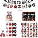 45Pcs Rock and Roll Party Decorations Include Born to Rock Banner-Backdrop-Guitar Balloons-Cake Topper-Cupcake Toppers for Music Themed Party Decorations