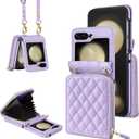 Vofolen for Samsung Galaxy Z Flip 5 Case with Card Holder, Crossbody 8-Card Slots Wallet Case with Adjustable Strap Soft PU Leather Protective Zipper for Women Girls, Purple