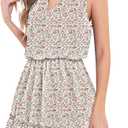 CYiNu Women's Mini Dress Chiffon V Neck Sleeveless Boho Floral Summer Dress(White-Green Pink, S)