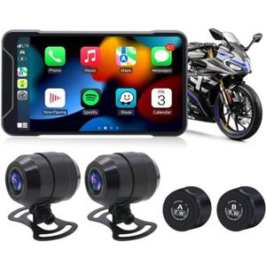Geloo Motorcycle Dash Camera Support Wireless Apple Carplay & Android Auto, 1080P Lens Motor Dash Cam Front and Rear with TPMS, GPS, WiFi, Wireless 5 IPS Touch Screen Motorcycle DVR
