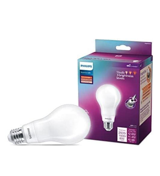 Philips LED Bright Dial Frosted A21, Non-Dimmable, Eye Comfort Technology, 2605-1600-800 Lumen, Soft White(2700), 60-100-150W, Title 20 Certified, E26 Base, 1 Pack (576348)