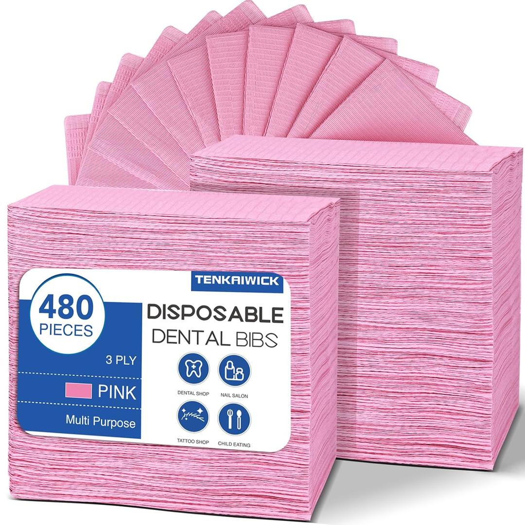 480 Pack Disposable Dental Bibs 13"x18", 3-Ply Waterproof Tattoo Bibs Sheet for Nail Salon, Dental Clinic, Feeding, Tattoo Shop (Pink)