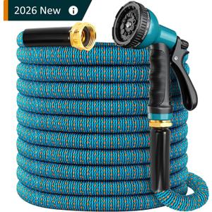 100 ft Expandable Garden Hose, 2026 New Retractable Water Hoses 100ft with 10 Function Spray Nozzle, Solid Brass Fittings, Extra Strength Fabric, Flexible Expanding Latex Core, Lightweight & No Kink
